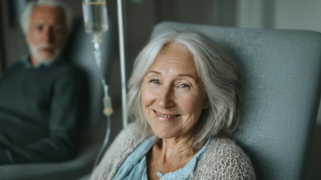 Senior woman receiving IV therapy. Peaceful patient sits in a luxury clinic. Healthcare, wellness, and aging. Caring support, hopeful expression, medical treatment.