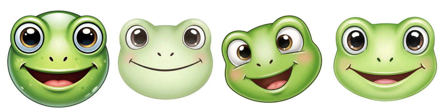 Four cartoon frog faces with different expressions on transparent background
