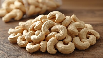 Fototapeta premium A substantial pile of unprocessed whole cashews, a nutritious plant protein source.