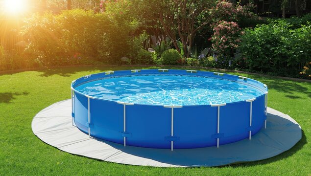 A spacious pool measuring 3.96 meters in diameter set on plastic in the garden.