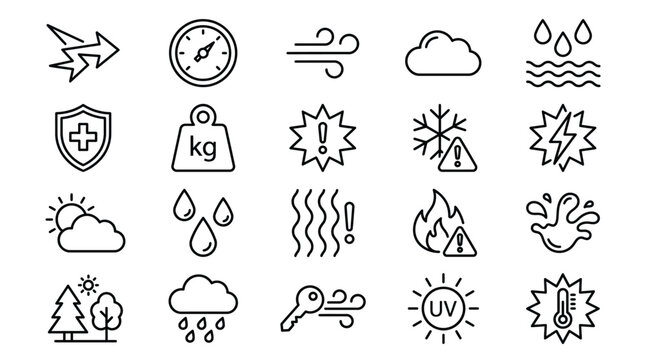 Weather and natural disaster icons set line art style for various conditions