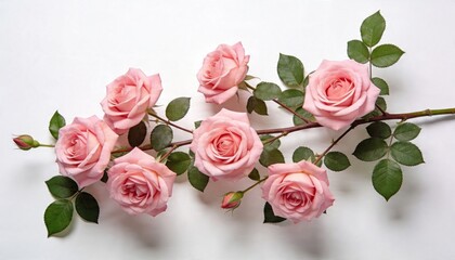Fototapeta premium Delicate pink roses with green leaves arranged on a white background, symbolizing love and beauty