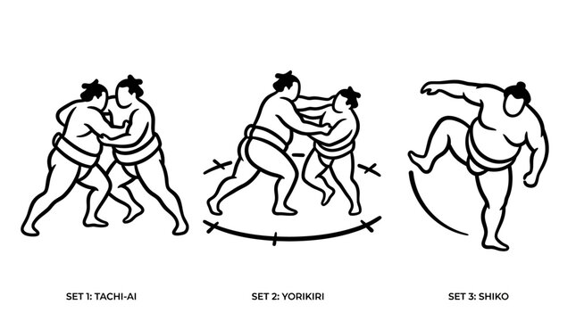 Sumo Wrestlers in Action - Dynamic Poses and Traditional Japanese Sport.