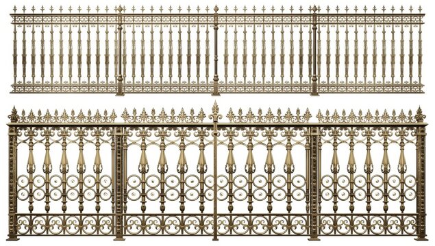 Ancient-style wrought iron railings, fences, and lattice on a white background.