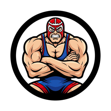 Muscular Masked Wrestler Mascot Logo with Crossed Arms for Lucha Libre or Combat Sports