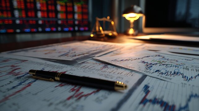 Stock market investment planning with printed financial charts, pen pointing to upward trend line on desk, modern corporate office lighting