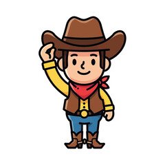 Obraz premium Cute Cartoon Cowboy Character Tipping His Hat, Friendly Wild West Mascot Vector Illustration Isolated on White Background