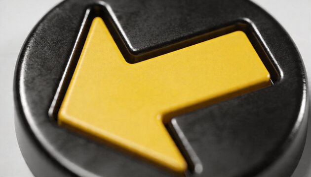 Close-up macro shot of a yellow arrow button indicating direction on a dark textured surface