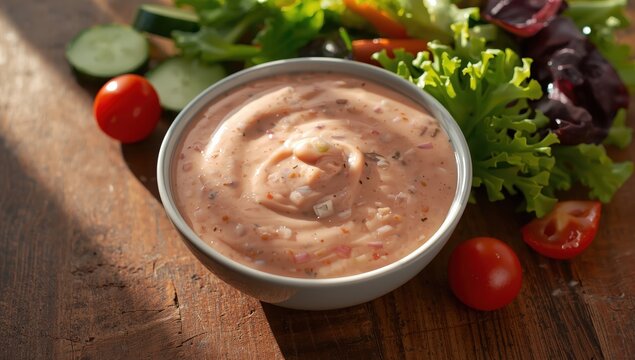 Bowl of Thousand Island sauce on wood table