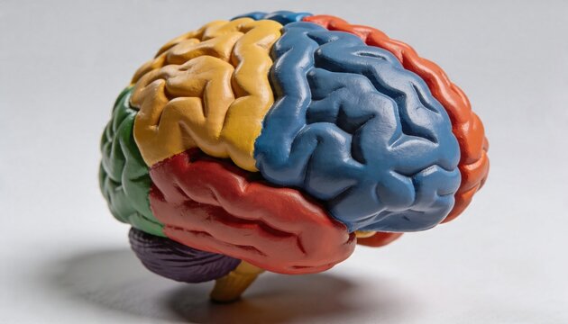 Colorful anatomical model of a human brain divided into distinct lobes and regions on a white background