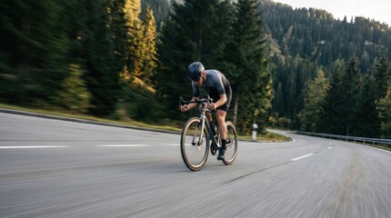 Naklejka premium Male cyclist riding a road bike on a mountain road surrounded by green trees.
