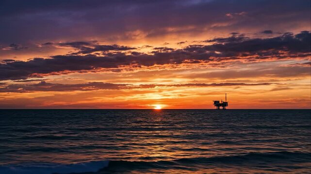 Cinematic wide shot of an offshore oil rig platform silhouette in the ocean during a dramatic golden hour sunset