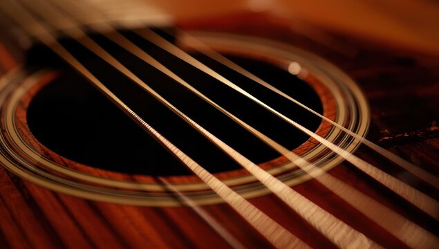 Close-up of acoustic guitar strings.