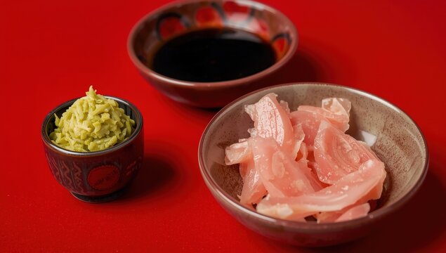 Closeup of bowls containing wasabi, soy sauce, and pickled ginger on a red surface.