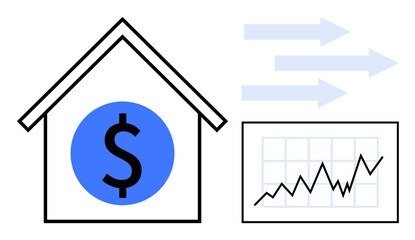Obraz premium Real estate investment, financial growth, market analysis, property value trends, economic strategy, housing market. House icon with dollar sign, arrows and graph. Real estate investment