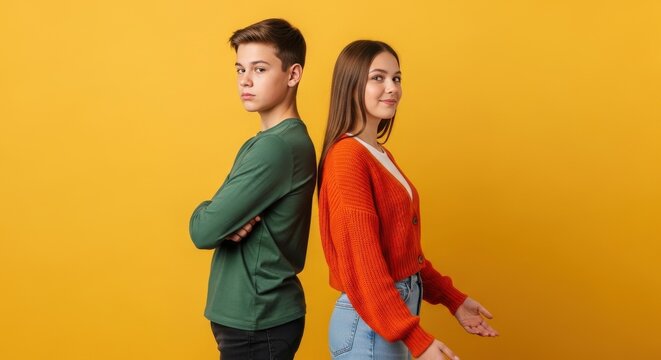 Back to back but still connected: stylish teen boy and girl standing against a bold yellow backdrop, showing friendship, tension, attitude, and playful rivalry in one frame

