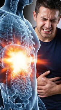 An adult man suffering severe upper abdominal pain, highlighting gallbladder disease, cholecystitis, internal organ inflammation, a serious medical condition, healthcare issue, and human body anatomy