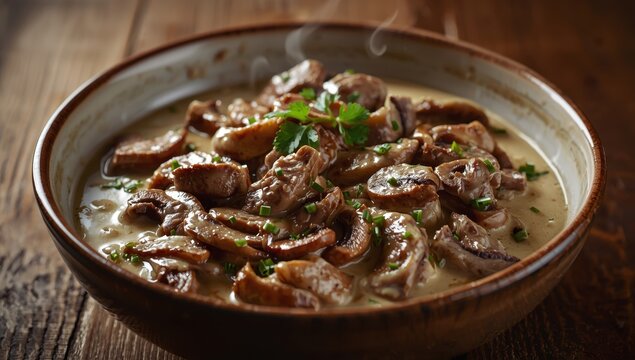 Creamy mushroom beef stroganoff in a bowl. Focused shot.