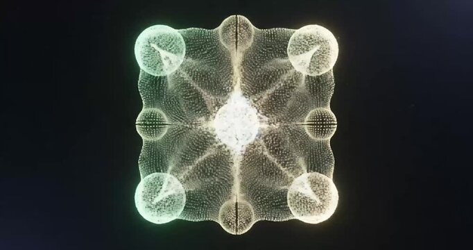 Abstract 3D geometric shapes forming a glowing digital data network structure