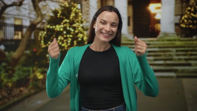 Woman smiling with arms raised and hands visible in front of building steps and twinkling lights near an entrance; joy celebration.