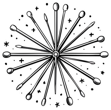 Monochrome illustration of assorted tailor pins and craft needles in a radial starburst design.