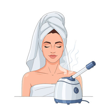 Woman using facial steamer device.