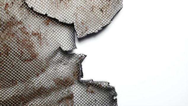 Damaged metal mesh on a white backdrop.