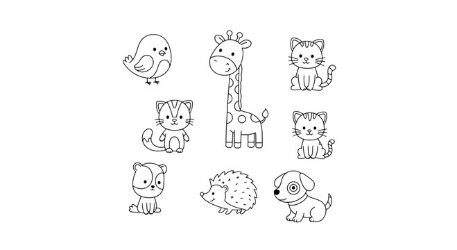 Cat dog and hedgehog doodle line icons with cute faces for nursery, kids education, stickers and packaging design