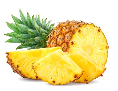 Close-up of sliced and whole pineapple on a clean white background