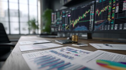 Fototapeta premium Professional trading analysis workspace with printed forex charts, financial data sheets and economic reports on executive desk, modern office interior