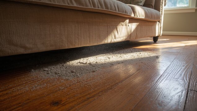 Dust and grime on the wooden floor. There's a significant buildup beneath the sofa.