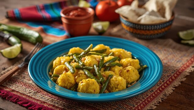 Eggs mixed with green beans. Classic Mexican dish.