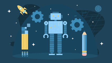 A blue robot stands amidst gears pencils and a rocket in outer space © Unnati