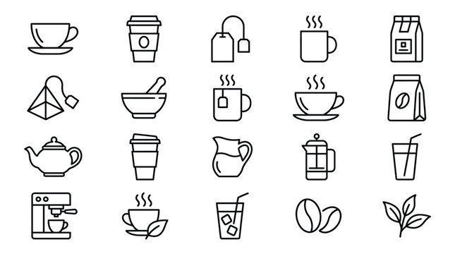 Variety of beverage containers and ingredients a collection of line art icons