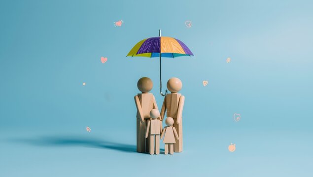 Family insurance idea. Wooden figures with small umbrella on blue backdrop.