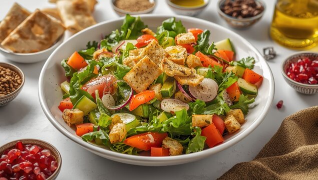 Fattoush is a cold salad appetizer from Syria and Lebanon on a white background.