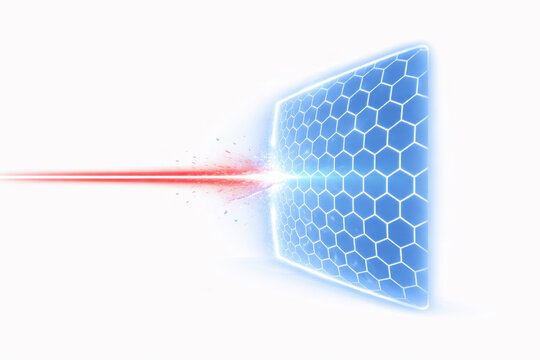 Abstract cybersecurity concept with glowing hexagonal shield stopping a red attack beam. Symbolizes data protection, network defense, and advanced digital security.