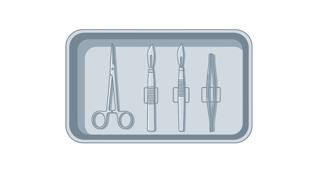Minimalist Vector Illustration of Surgical Instruments in a Medical Tray: Scalpel, Scissors, and Forceps on White Background. Professional Sterile Medical Equipment Concept.