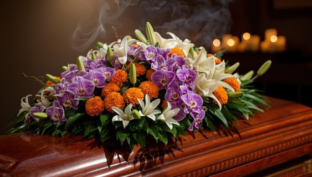 Flowers adorn the coffin at the funeral, following a Thai custom.