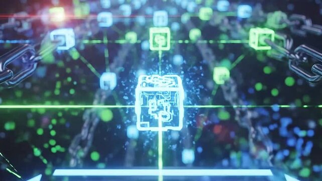 Abstract digital network with glowing chains and blocks, perfect for technology concepts