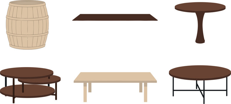 Collection of Wooden Tables and Barrel Vector Illustration for Furniture, Home Decor, and Interior Design Graphics