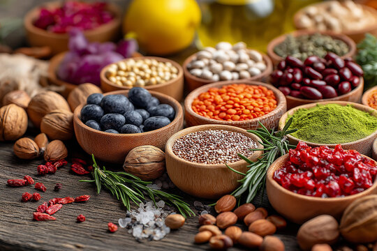 Health food for fitness concept with fruit, vegetables, pulses, herbs, spices, nuts, grains and pulses. High in anthocyanins, antioxidants, smart carbohydrates, omega 3, minerals and vitamins