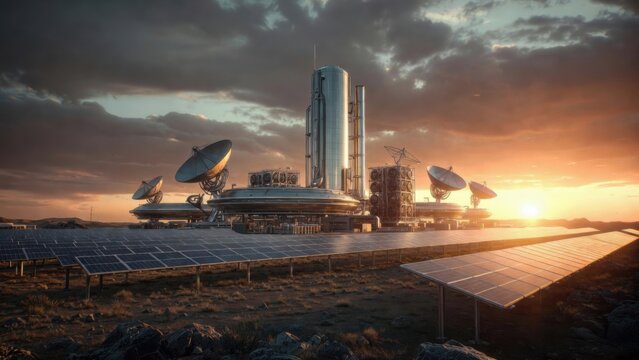 Advanced energy facility with solar panels and satellite antennas at sunset. Concept of renewable power, communication technology, and futuristic infrastructure.