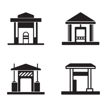 Four black and white icons of different bus stops and train stations with roofs  bus shelter  train station  transportation icons