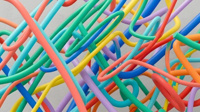Tangled mess of colorful 3d tubes in vibrant primary colors over grey background representing complex networks confusion and creative problem solving for modern abstract visual communication.