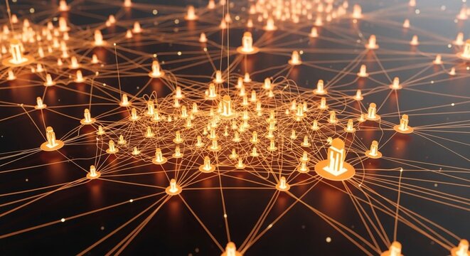 A Strengthens collaboration by developing interconnected networks that encourage idea sharing,high-angle perspective of an interconnected network of glowing orange human icons linked by lines represen