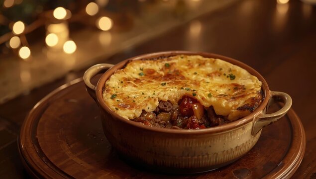 Individual serving of shepherd's pie in a ceramic dish.
