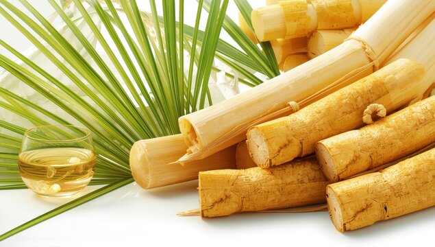 Isolated segments of sugarcane and its leaves on a white background.