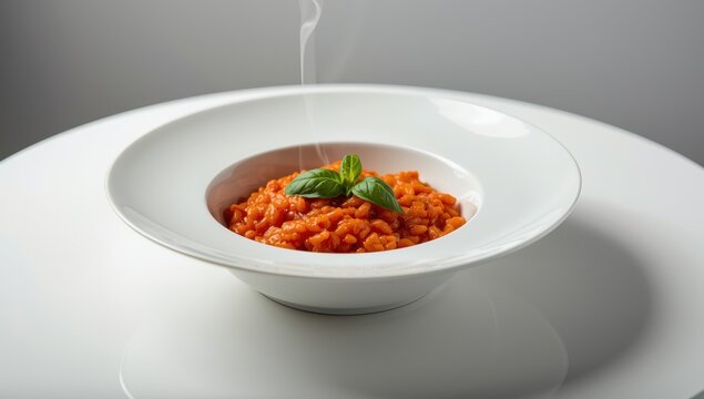 Isolated white table featuring a bowl of tomato risotto topped with basil leaves.