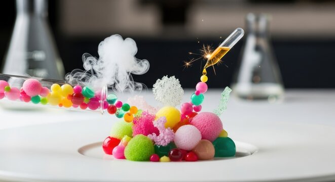 Molecular gastronomy dessert creation using scientific lab equipment featuring colorful spheres smoke and chemical reaction styling